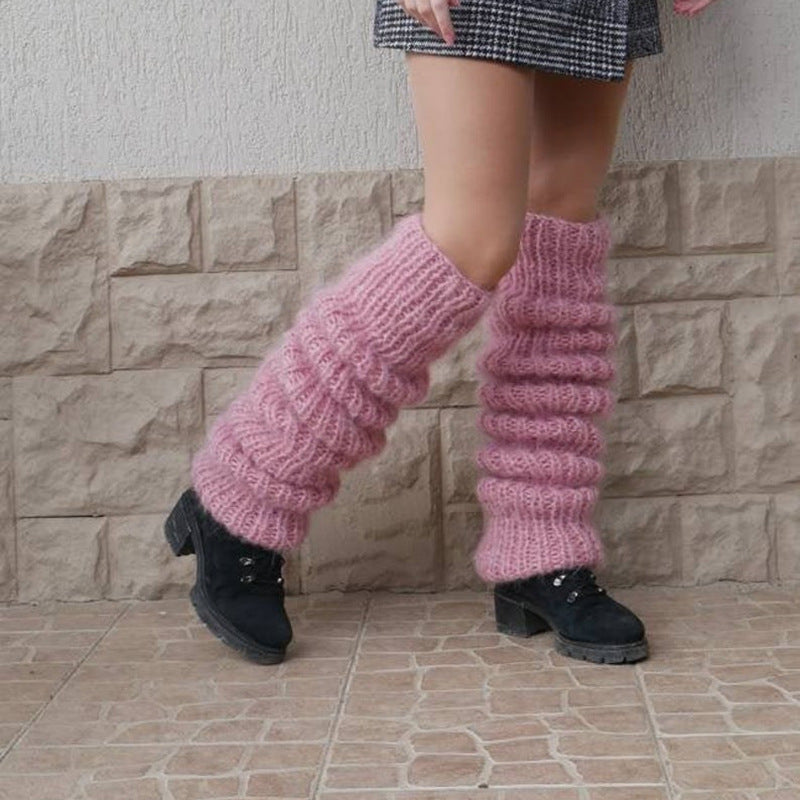 Autumn And Winter New Solid Color Mohair Long Tube Pile Style Foot Women's Fashion Casual Knitted Bunching Socks