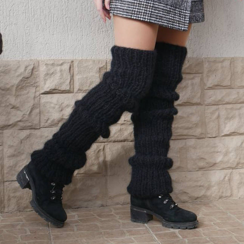 Autumn And Winter New Solid Color Mohair Long Tube Pile Style Foot Women's Fashion Casual Knitted Bunching Socks