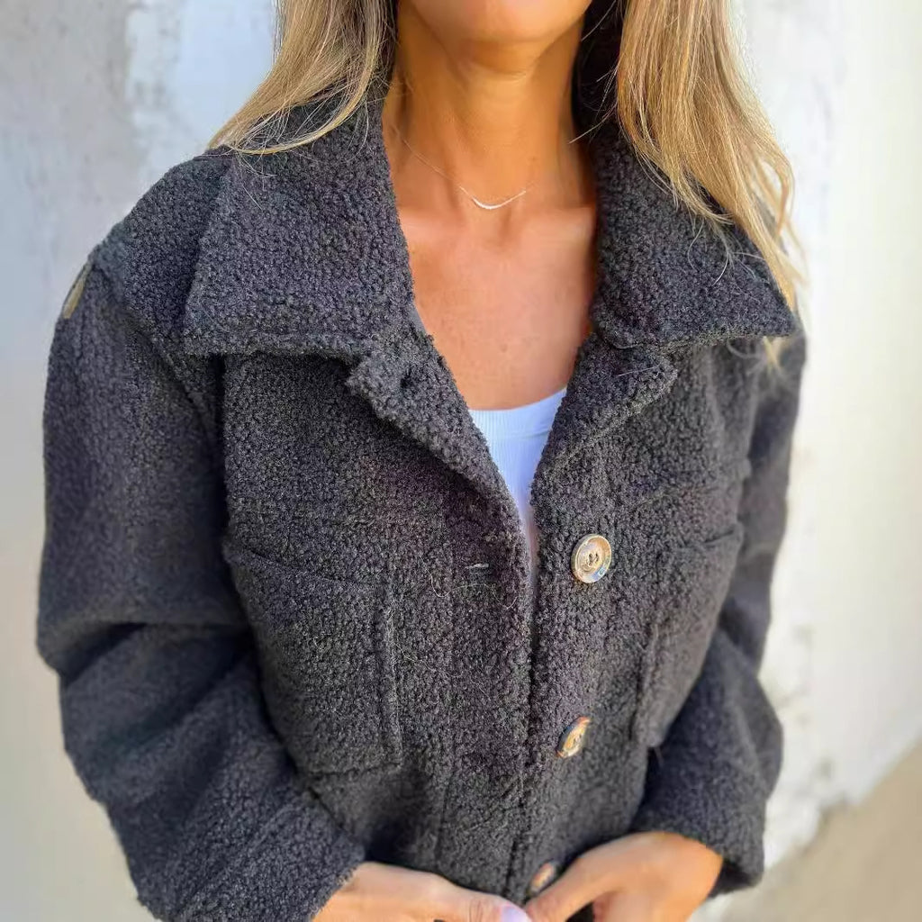 Women's Lamb Wool Coat Winter Lapel Single Breasted Jacket Outwear Warm Cropped Tops Clothing