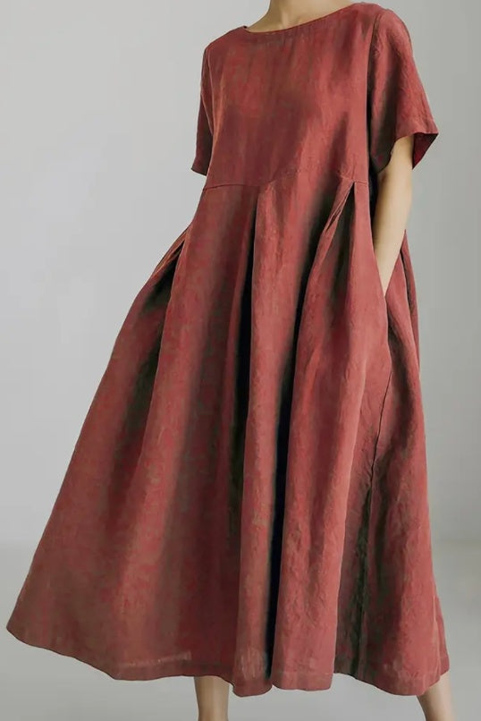 Vibrant Cotton Crew Neck Fitted Dress - Pocket Detail, Short Sleeve, Solid Color, Versatile And Comfortable For Spring And Summer - Machine Washable, Customized Vacation Style For Women