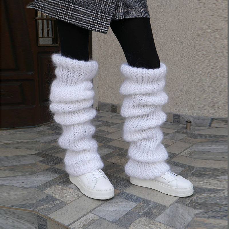 Autumn And Winter New Solid Color Mohair Long Tube Pile Style Foot Women's Fashion Casual Knitted Bunching Socks