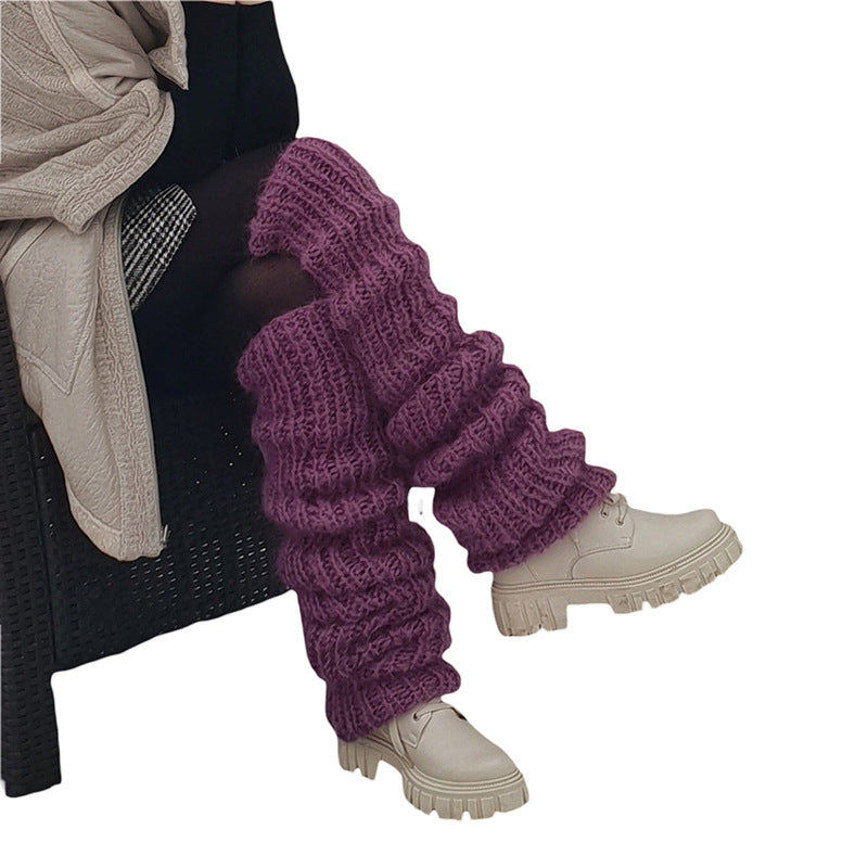 Autumn And Winter New Solid Color Mohair Long Tube Pile Style Foot Women's Fashion Casual Knitted Bunching Socks