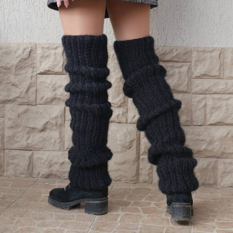 Autumn And Winter New Solid Color Mohair Long Tube Pile Style Foot Women's Fashion Casual Knitted Bunching Socks